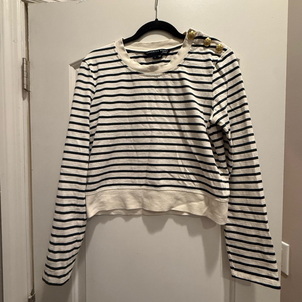 Veronica Beard Striped Long Sleeve Top with Gold Button Accents